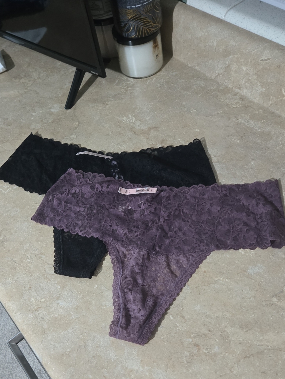 Victoria's Secrer Lace Stretch Thong Panties Pair - Purple & Black